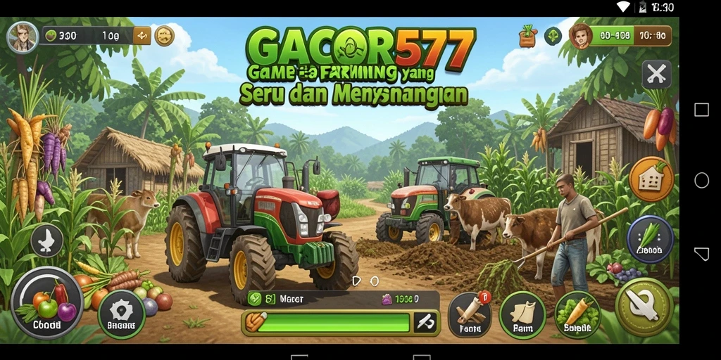 Screenshot utama menunjukkan ladang yang indah dan aktivitas bertani.