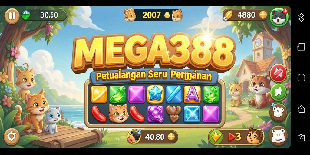 Tangkapan layar game MEGA388 menampilkan keseruan mencocokkan item Match-3.